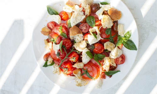 overhead image of a bowl of salad