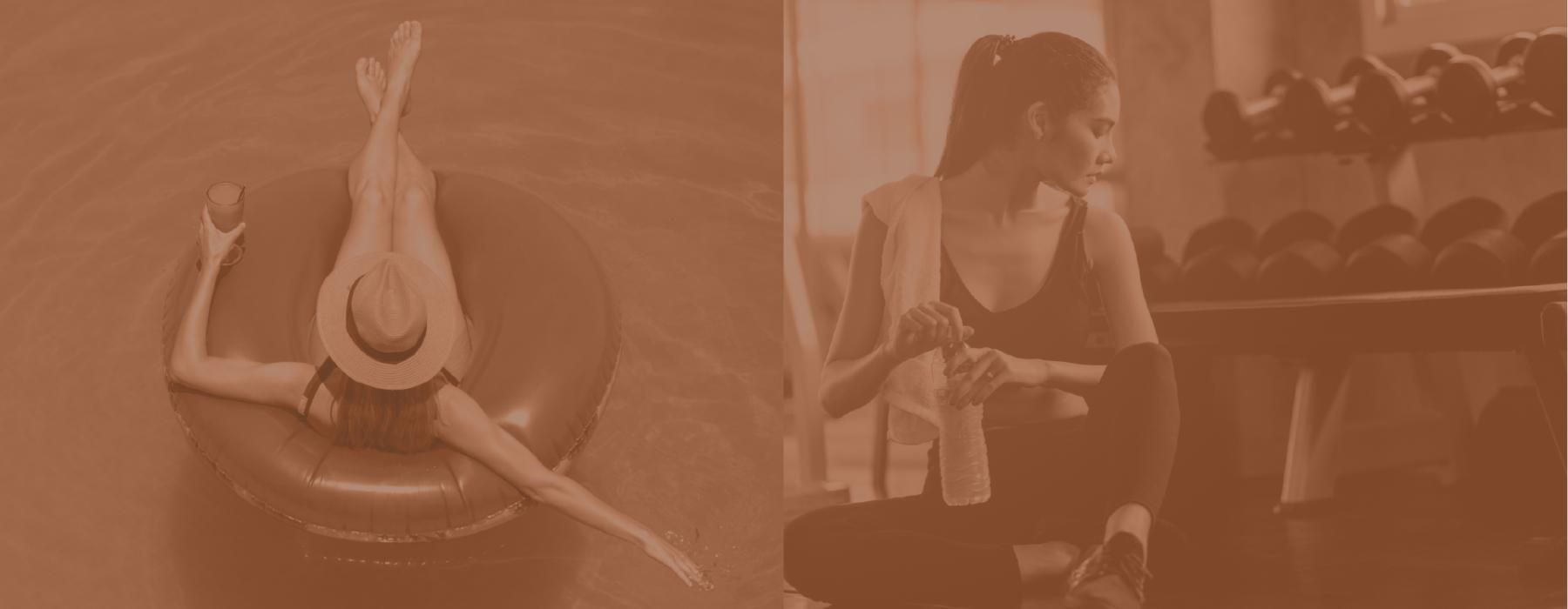 a woman in a pool and on a fitness center